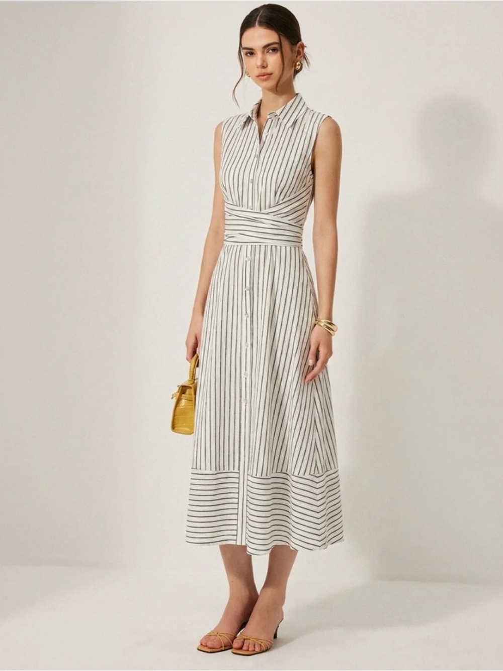 NWT Commense Sleeveless White & Blk Striped Midi Shirt Dress Sz Med 100% Cotton